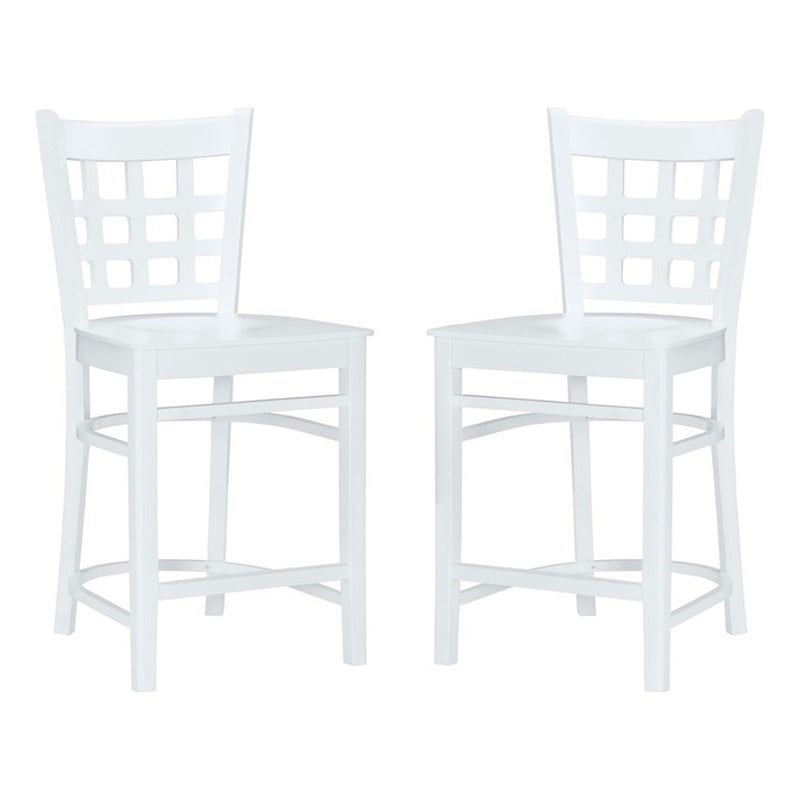Linon Flint Set of 2 Lattice Back Counter Stools in Glossy White Beechwood