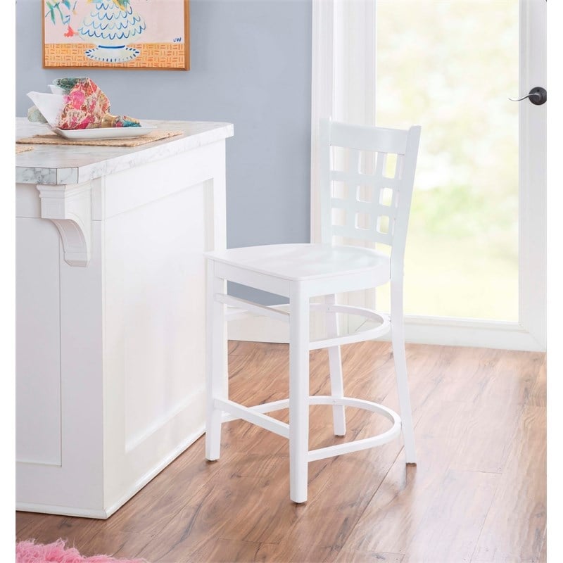 Linon Flint Set of 2 Lattice Back Counter Stools in Glossy White Beechwood