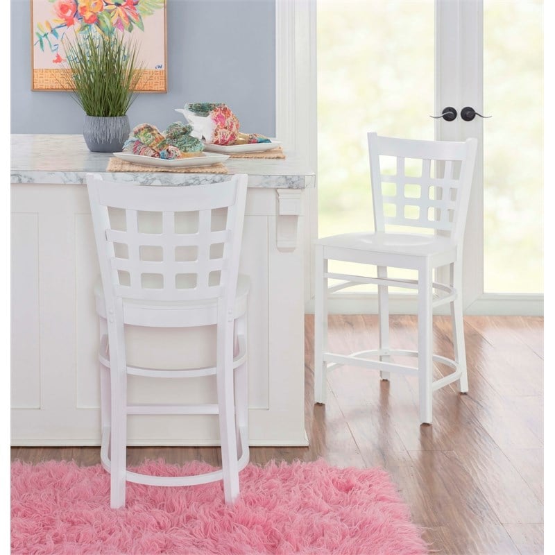 Linon Flint Set of 2 Lattice Back Counter Stools in Glossy White Beechwood