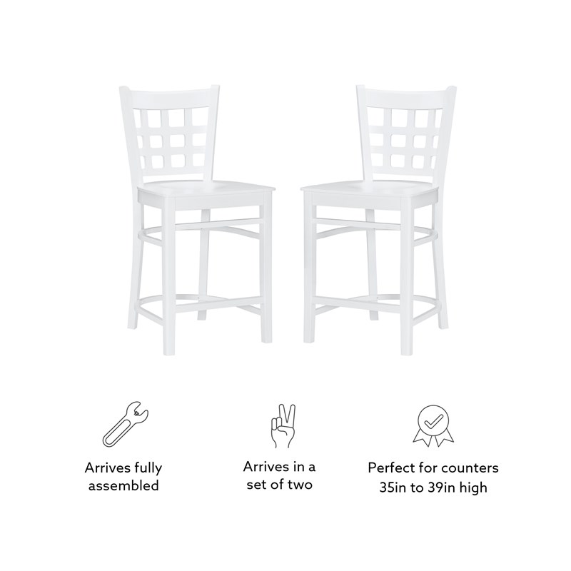 Linon Flint Set of 2 Lattice Back Counter Stools in Glossy White Beechwood