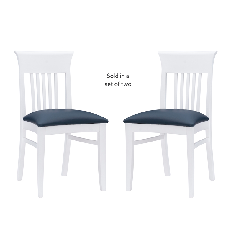 Linon Walcott Set of 2 Slat Back Dining Chairs Faux Leather Seats in White Wood