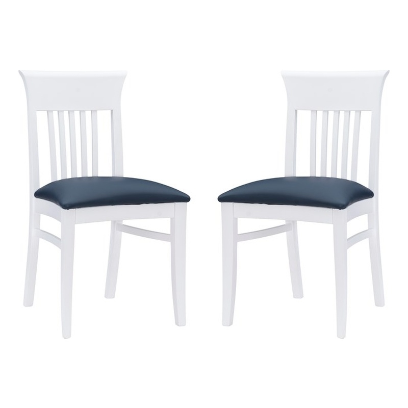 Linon Walcott Set of 2 Slat Back Dining Chairs Faux Leather Seats in White Wood