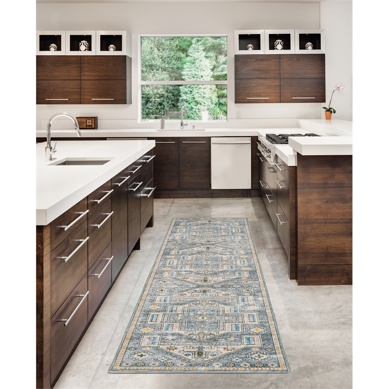 Linon Washable Kirby Polyester 2'x8' Rug in Gray