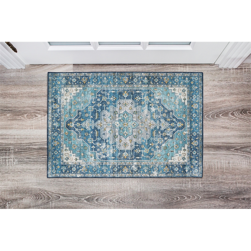 Linon Washable Madi Polyester 2'x3' Rug in Teal Blue