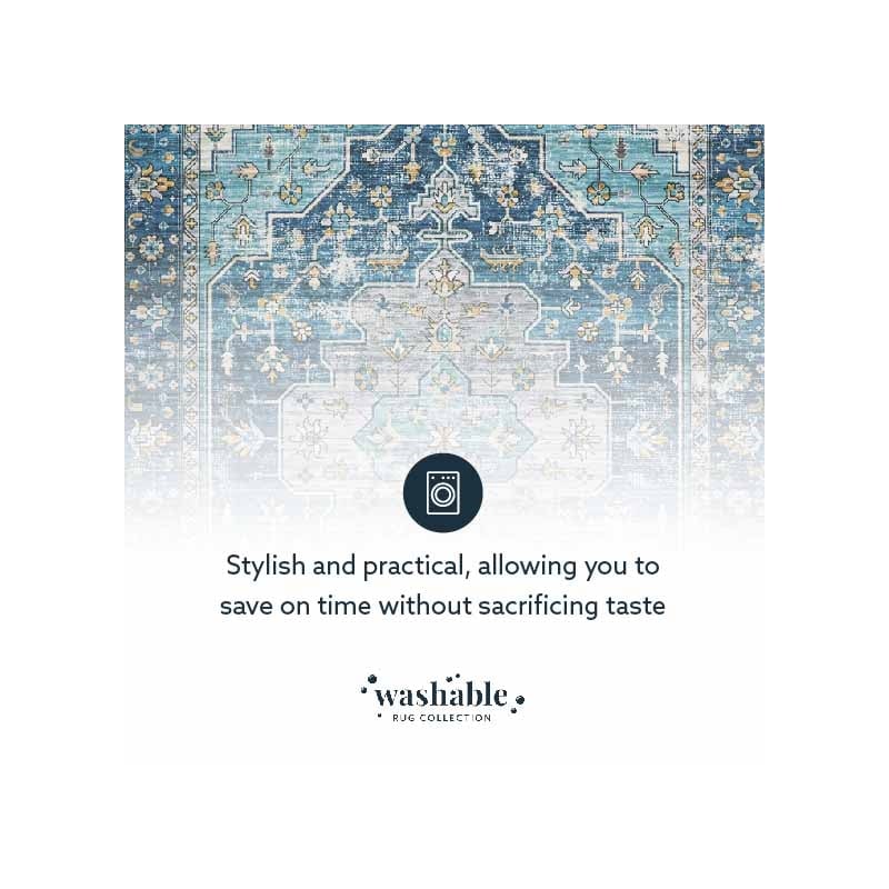 Linon Washable Madi Polyester 2'x8' Rug in Teal Blue