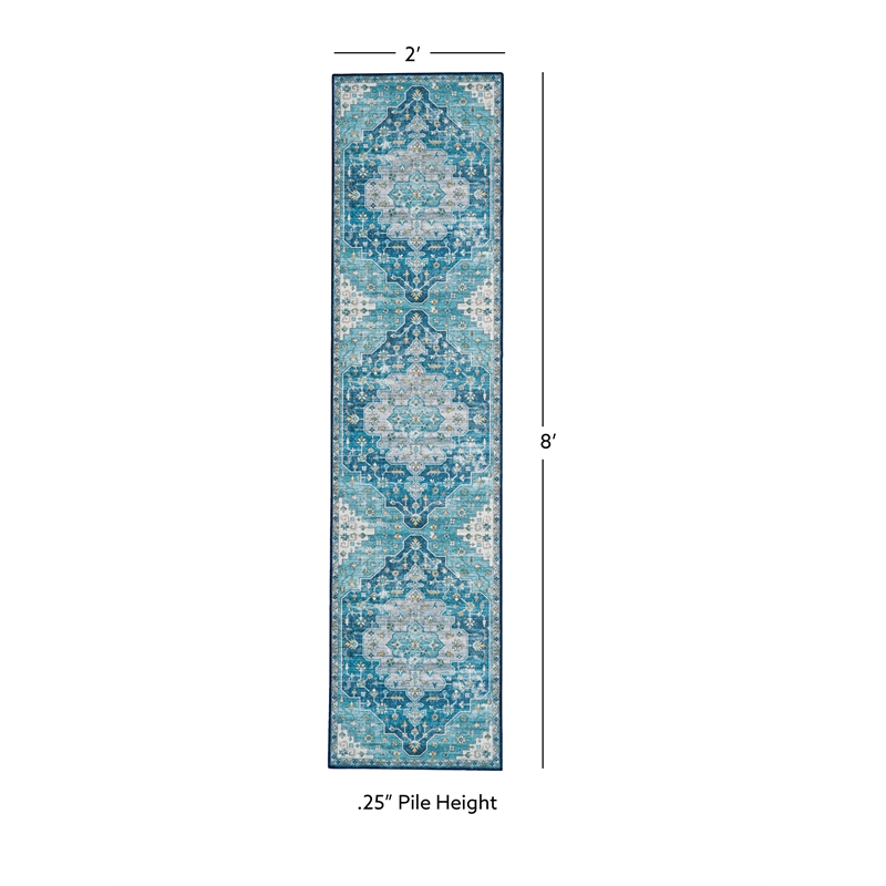 Linon Washable Madi Polyester 2'x8' Rug in Teal Blue