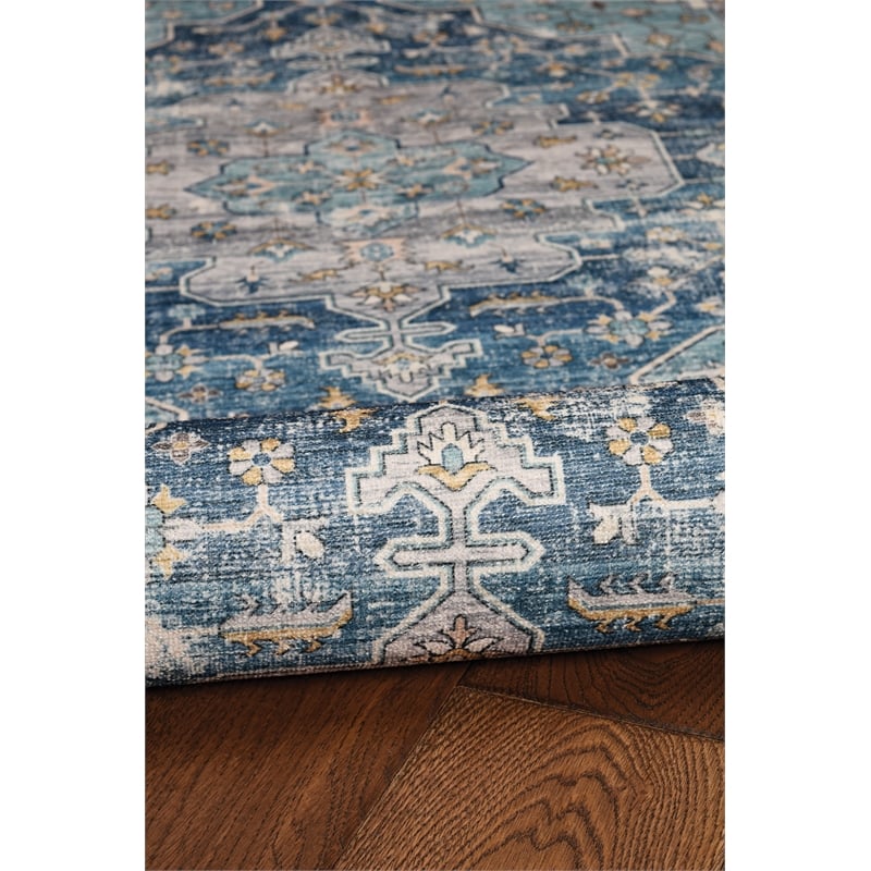 Linon Washable Madi Polyester 2'x8' Rug in Teal Blue