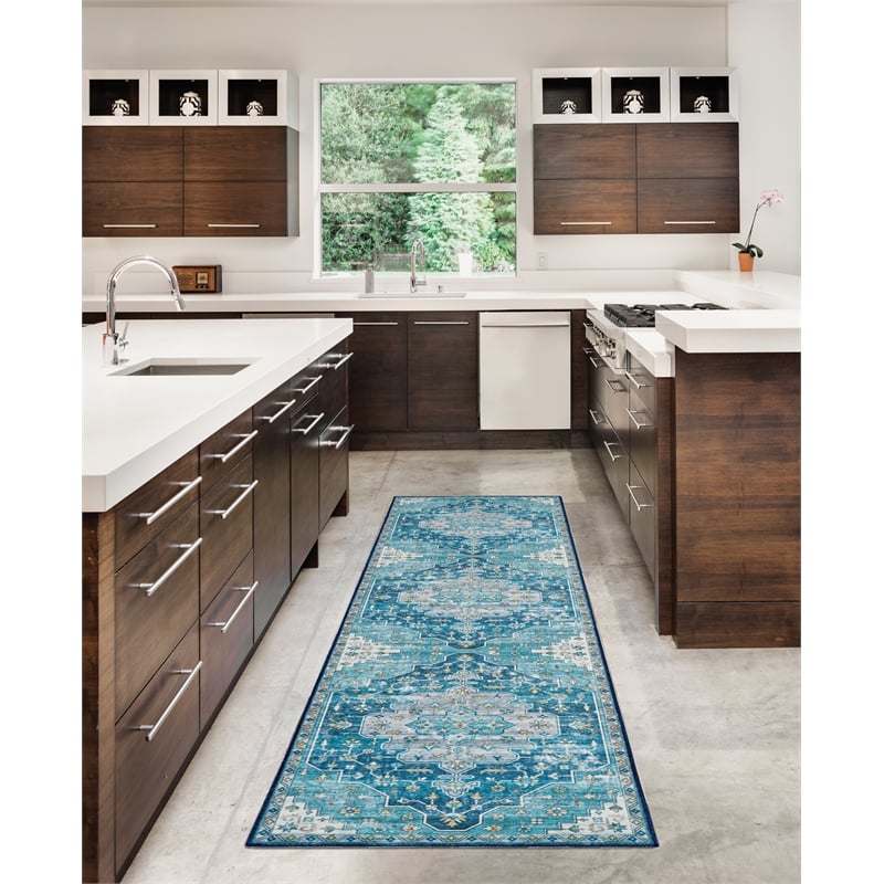 Linon Washable Madi Polyester 2'x8' Rug in Teal Blue