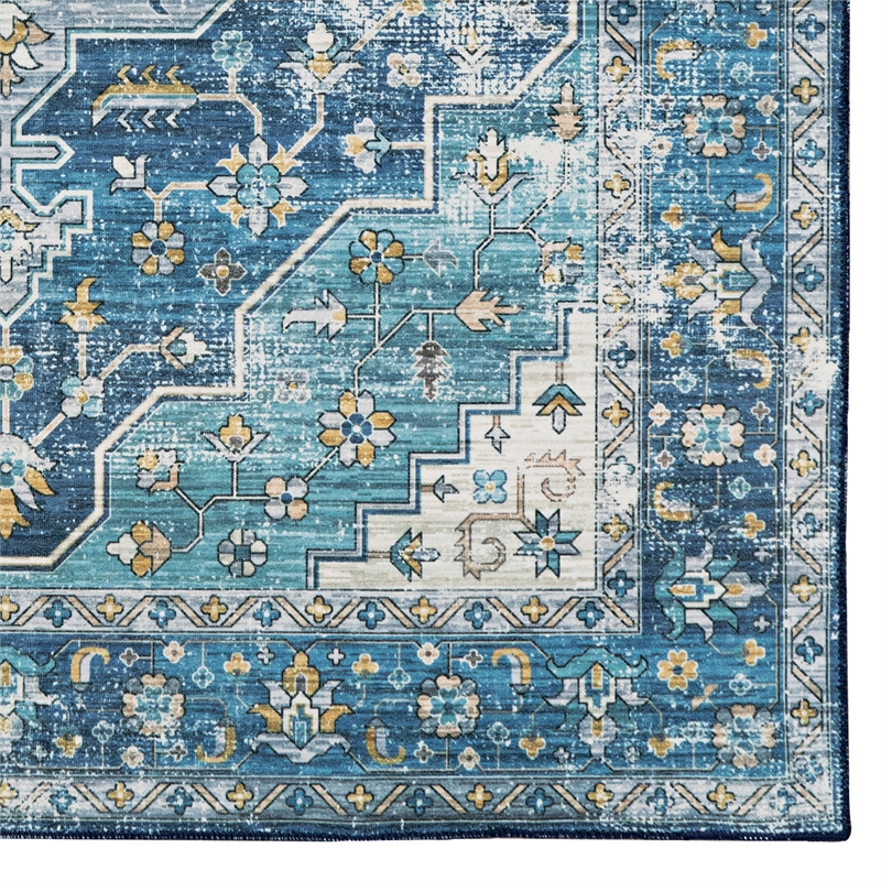 Linon Washable Madi Polyester 5'x7' Rug in Teal Blue