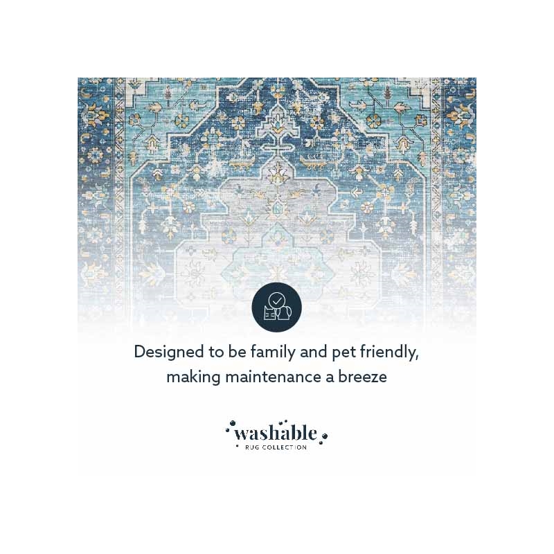 Linon Washable Madi Polyester 5'x7' Rug in Teal Blue