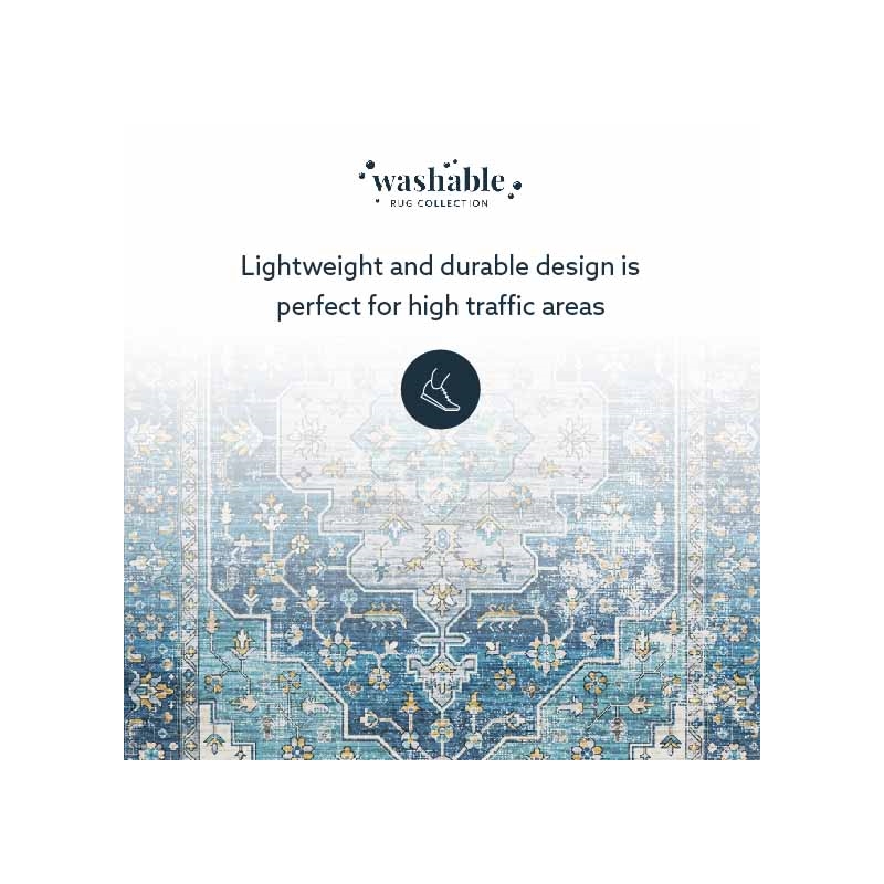 Linon Washable Madi Polyester 5'x7' Rug in Teal Blue