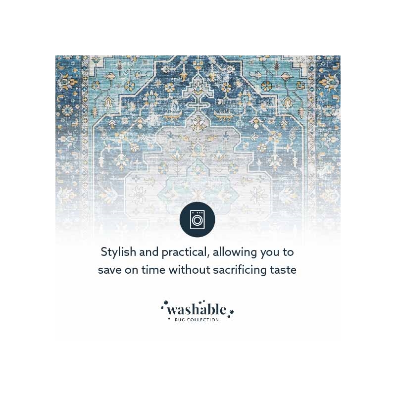 Linon Washable Madi Polyester 5'x7' Rug in Teal Blue