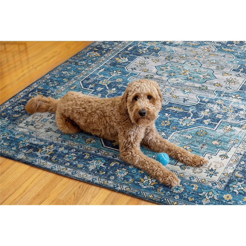Linon Washable Madi Polyester 5'x7' Rug in Teal Blue