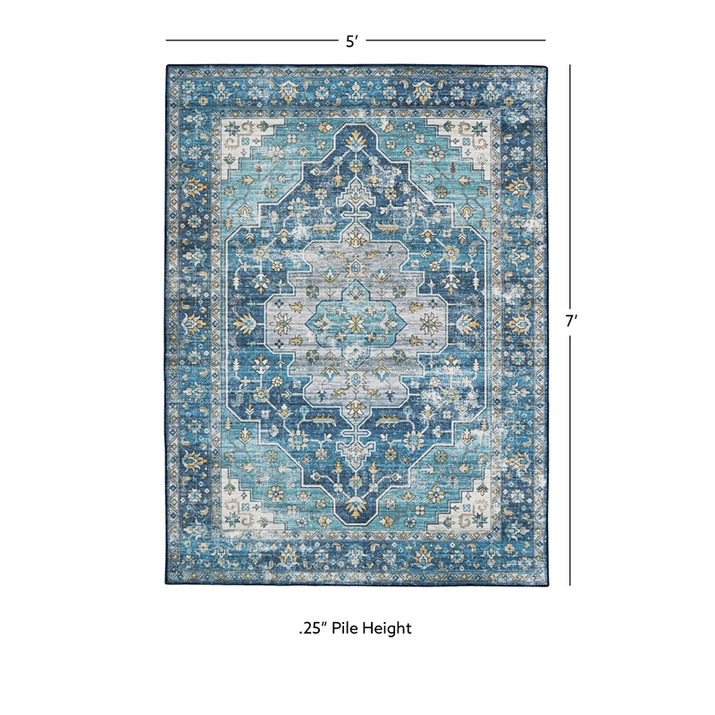 Linon Washable Madi Polyester 5'x7' Rug in Teal Blue