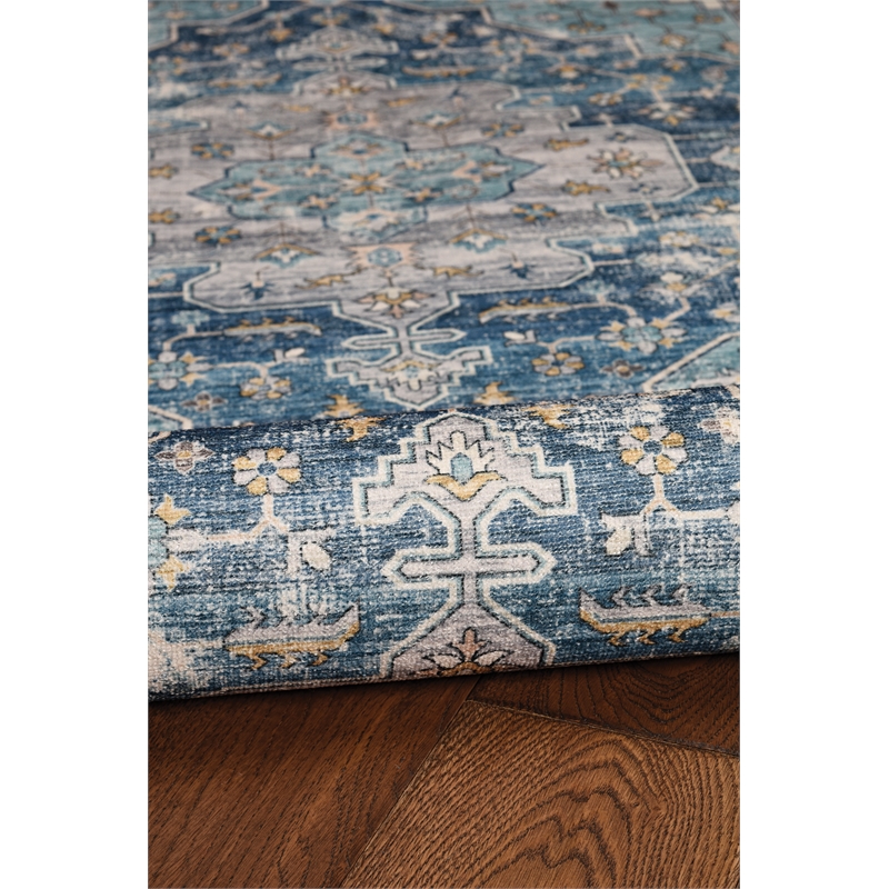 Linon Washable Madi Polyester 5'x7' Rug in Teal Blue