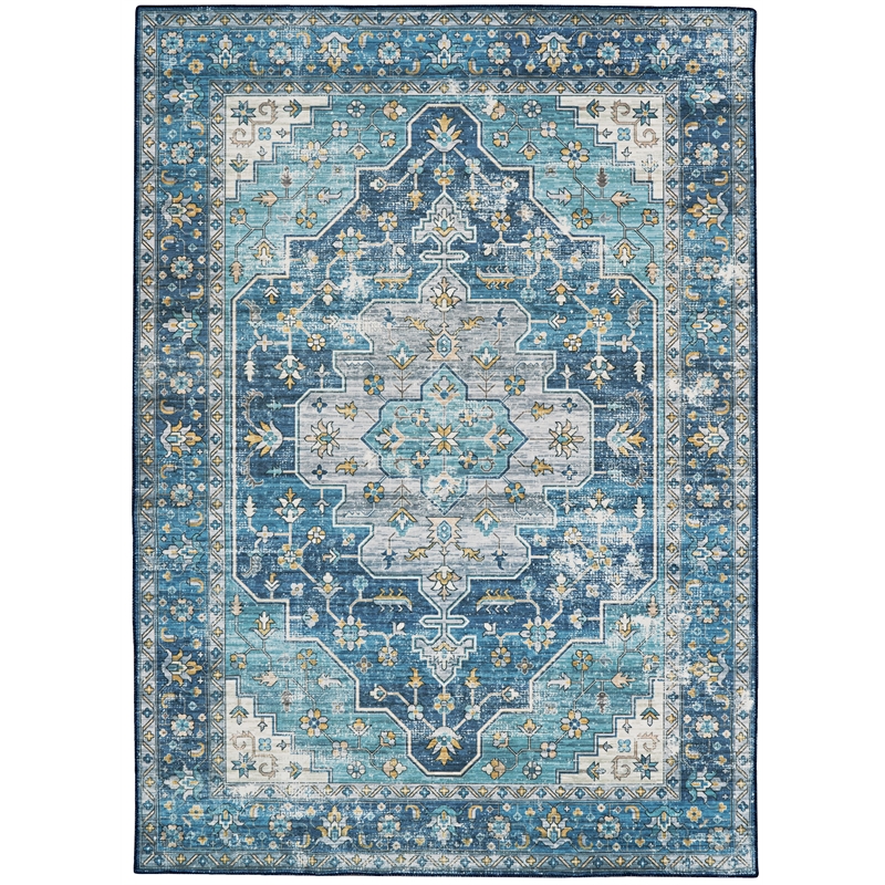 Linon Washable Madi Polyester 5'x7' Rug in Teal Blue