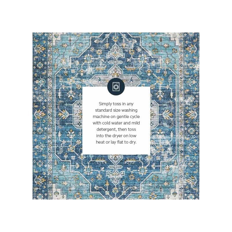 Linon Washable Madi Polyester 5'x7' Rug in Teal Blue