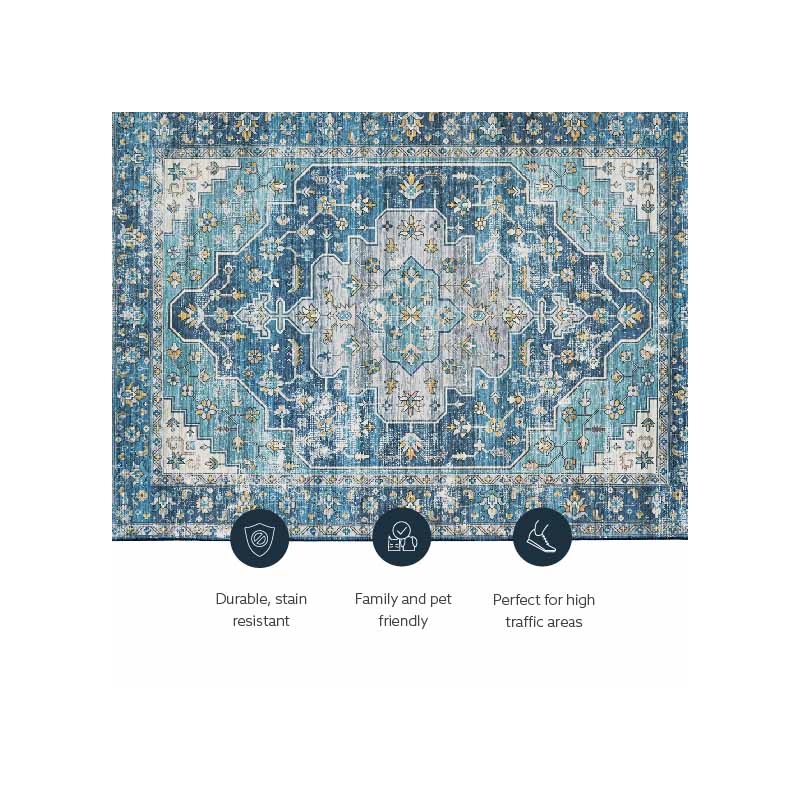 Linon Washable Madi Polyester 5'x7' Rug in Teal Blue