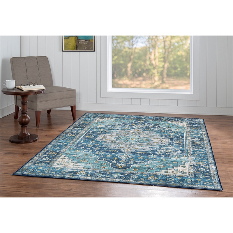 Linon Washable Madi Polyester 5'x7' Rug in Teal Blue