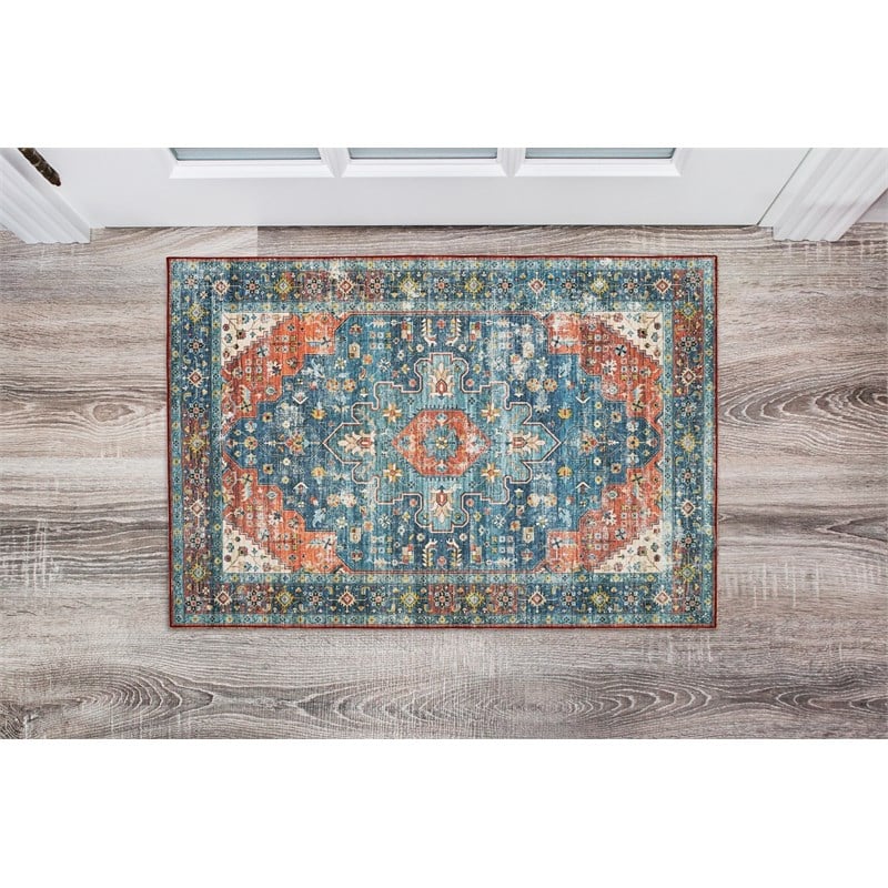 Linon Washable Langley Polyester 2'x3' Rug in Teal Blue