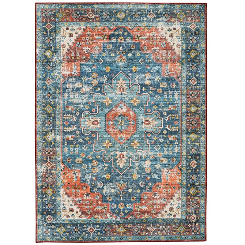 Linon Washable Langley Polyester 2'x3' Rug in Teal Blue