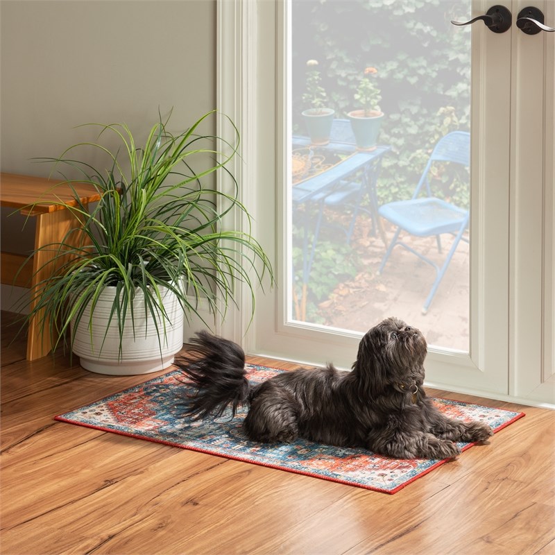 Linon Washable Langley Polyester 2'x3' Rug in Teal Blue