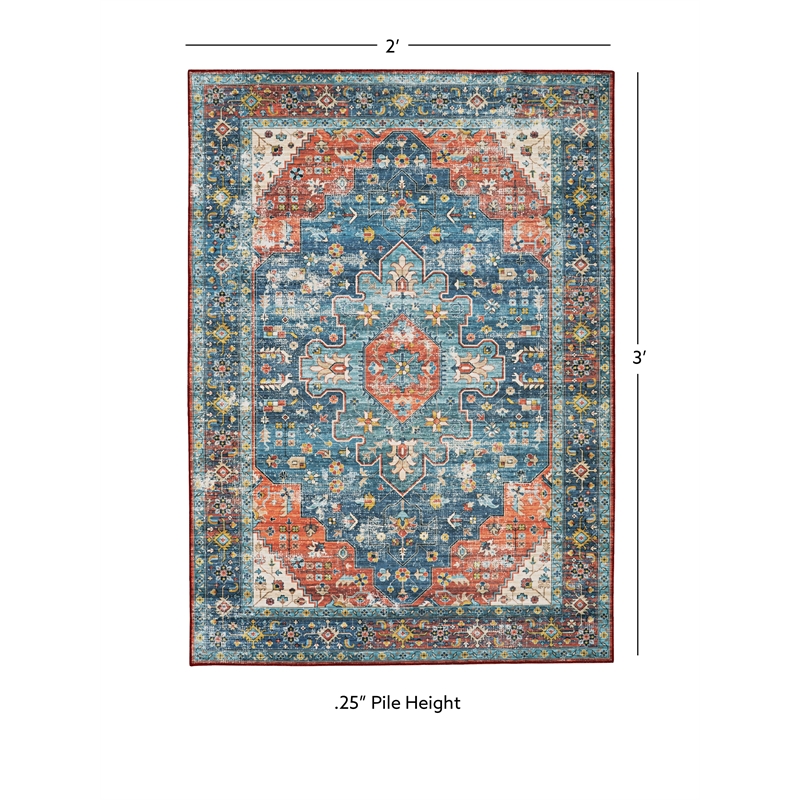 Linon Washable Langley Polyester 2'x3' Rug in Teal Blue