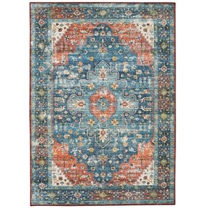 Linon Washable Langley Polyester 3'x5' Rug in Teal Blue