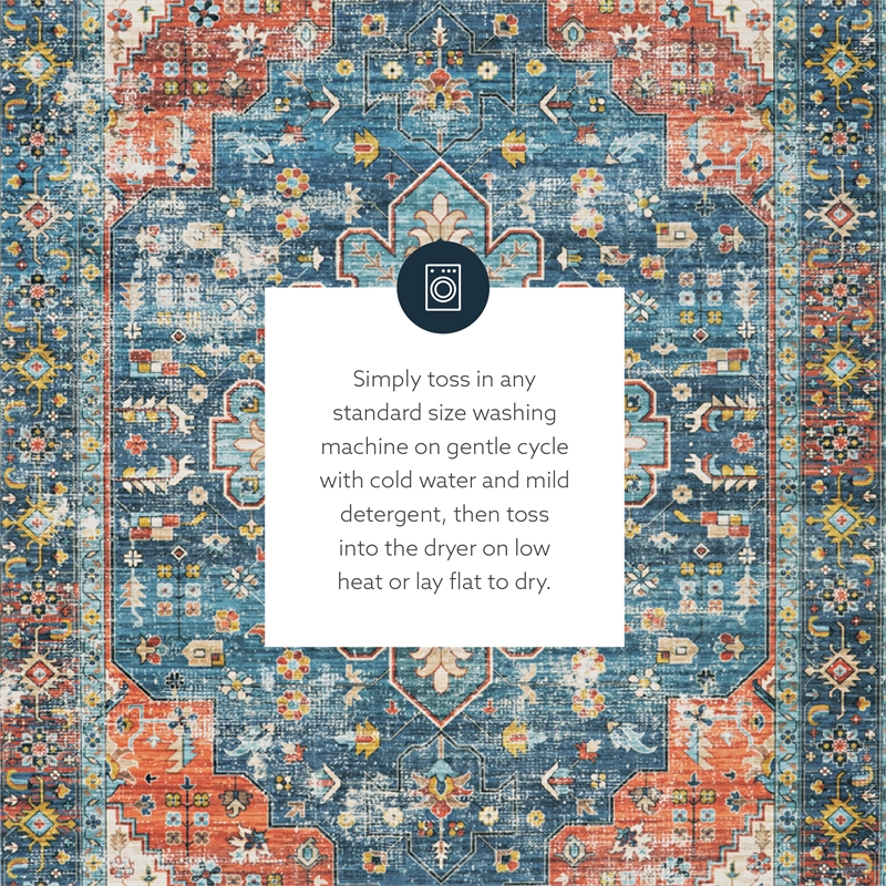 Linon Washable Langley Polyester 5'x7' Rug in Teal Blue