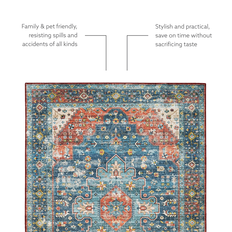 Linon Washable Langley Polyester 5'x7' Rug in Teal Blue