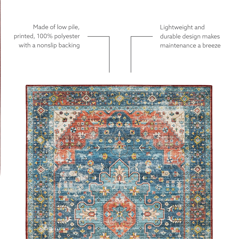 Linon Washable Langley Polyester 5'x7' Rug in Teal Blue