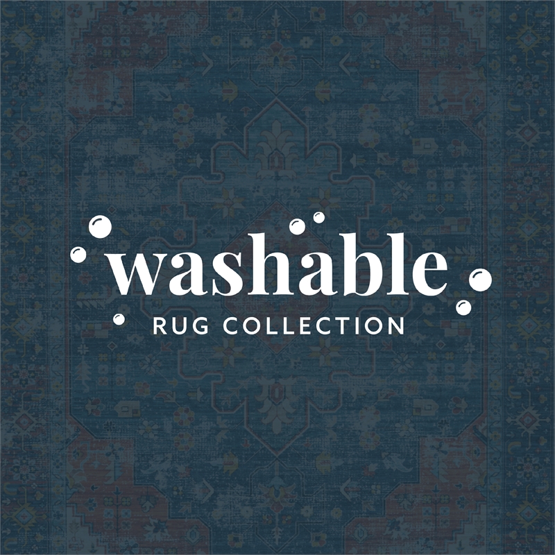 Linon Washable Langley Polyester 5'x7' Rug in Teal Blue