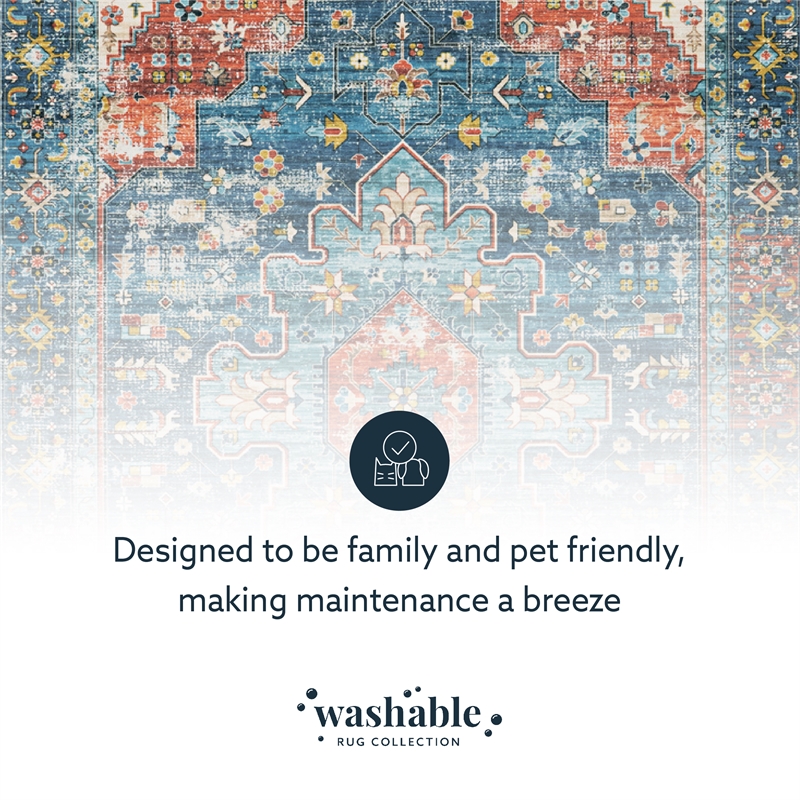 Linon Washable Langley Polyester 5'x7' Rug in Teal Blue