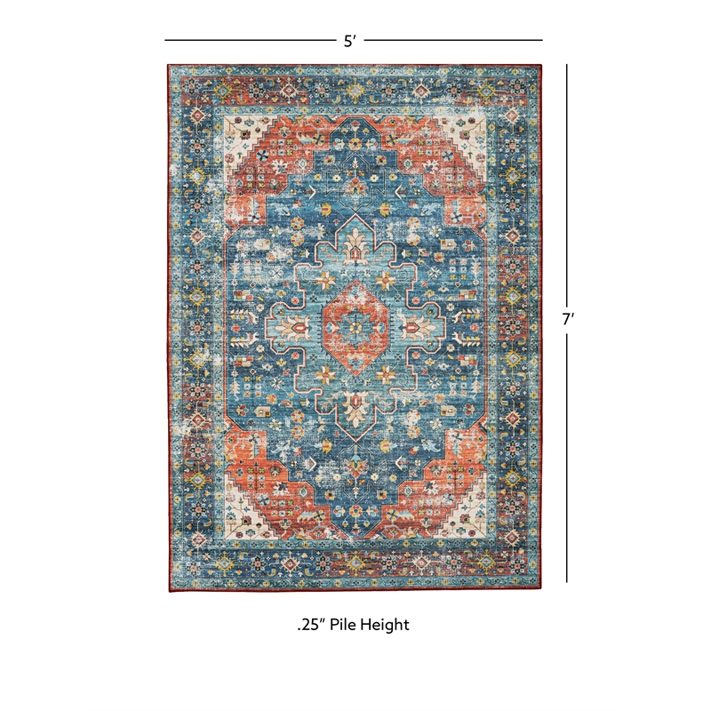 Linon Washable Langley Polyester 5'x7' Rug in Teal Blue