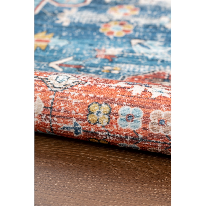 Linon Washable Langley Polyester 5'x7' Rug in Teal Blue