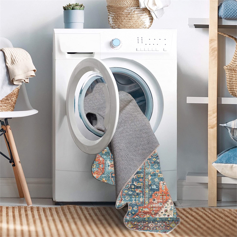 Linon Washable Langley Polyester 5'x7' Rug in Teal Blue