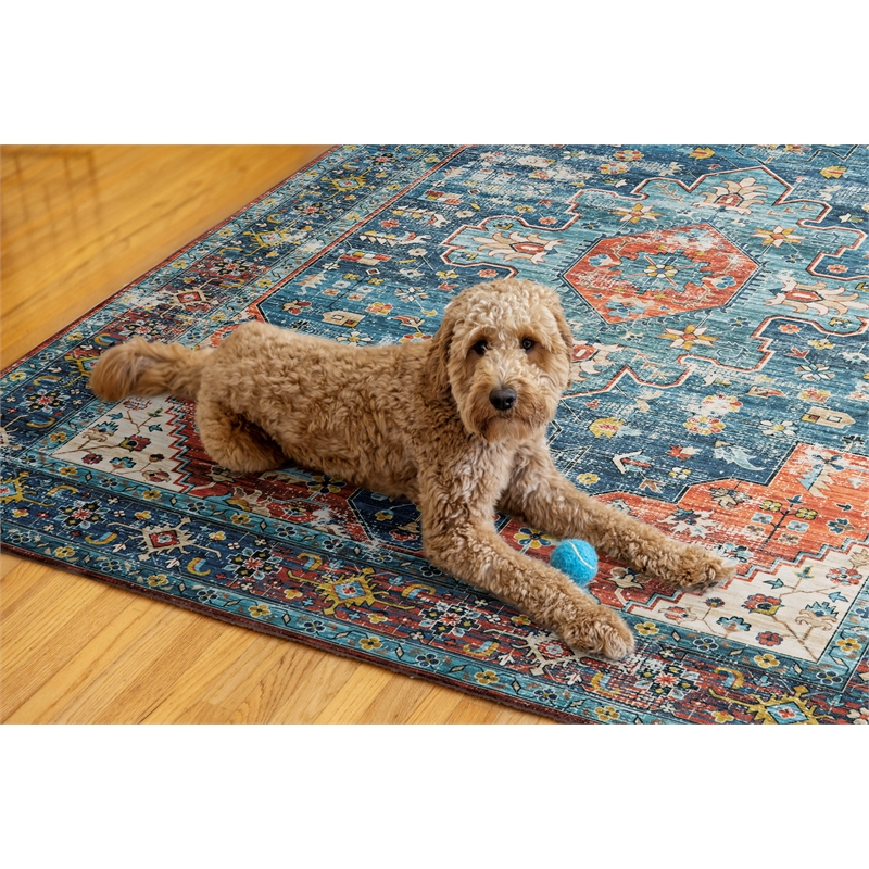 Linon Washable Langley Polyester 5'x7' Rug in Teal Blue