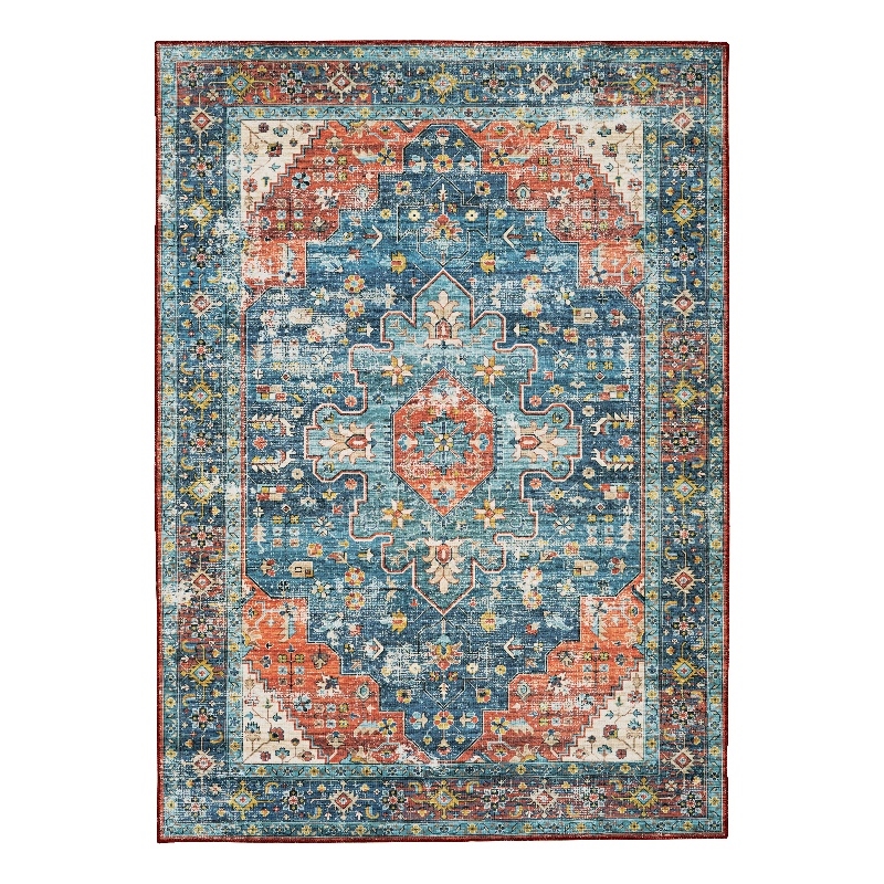 Linon Washable Langley Polyester 5'x7' Rug in Teal Blue