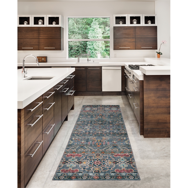 Linon Washable Buford Polyester 2'x8' Rug in Teal Blue
