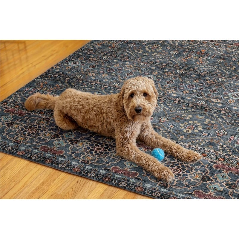 Linon Washable Buford Polyester 5'x7' Rug in Teal Blue