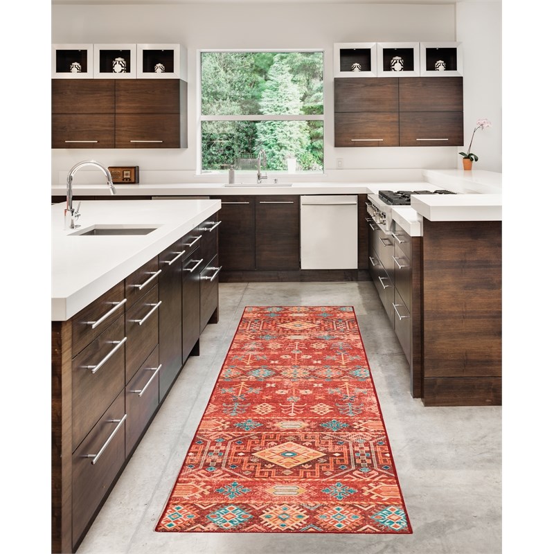 Linon Washable Colson Polyester 2'x8' Rug in Red