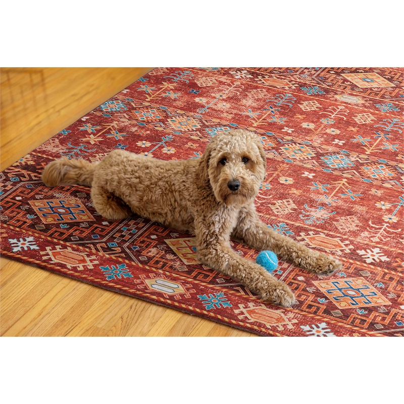Linon Washable Colson Polyester 5'x7' Rug in Red