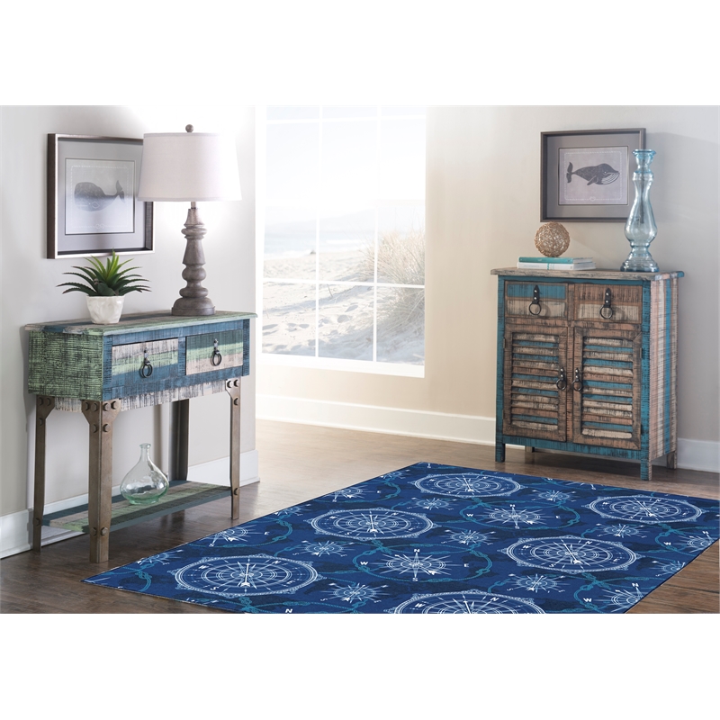 Linon Washable Declan Polyester 5'x7' Rug in Blue