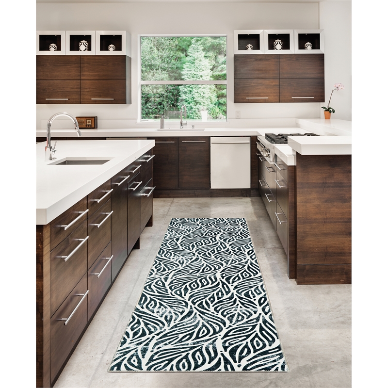 Linon Washable Kai Polyester 2'x8' Rug in Ivory and Black