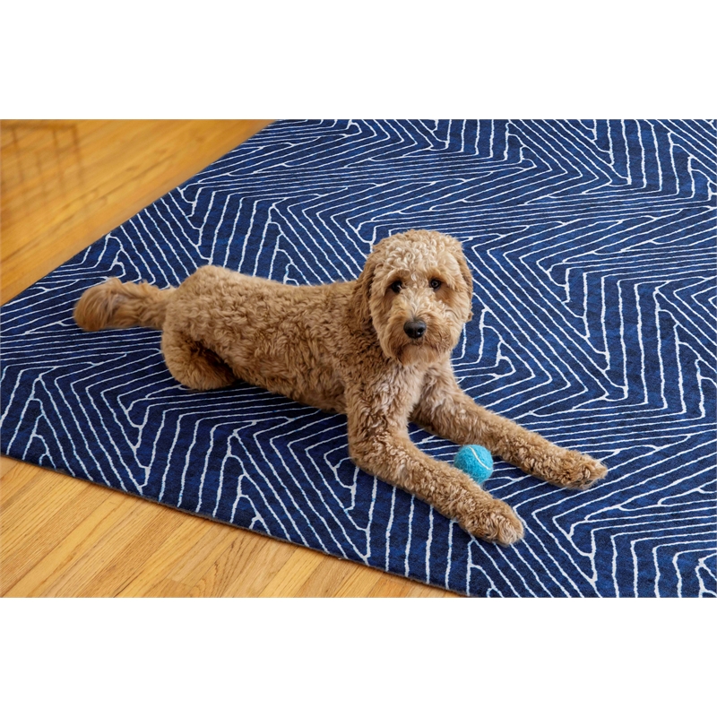 Linon Washable Lathan Polyester 5'x7' Rug in Blue
