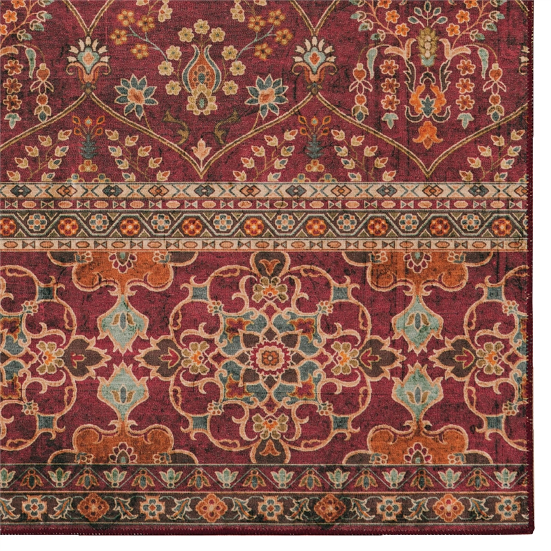 Linon Washable Wesson Polyester 5'x7' Rug in Garnet Red