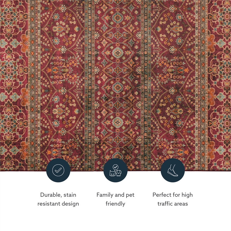 Linon Washable Wesson Polyester 5'x7' Rug in Garnet Red