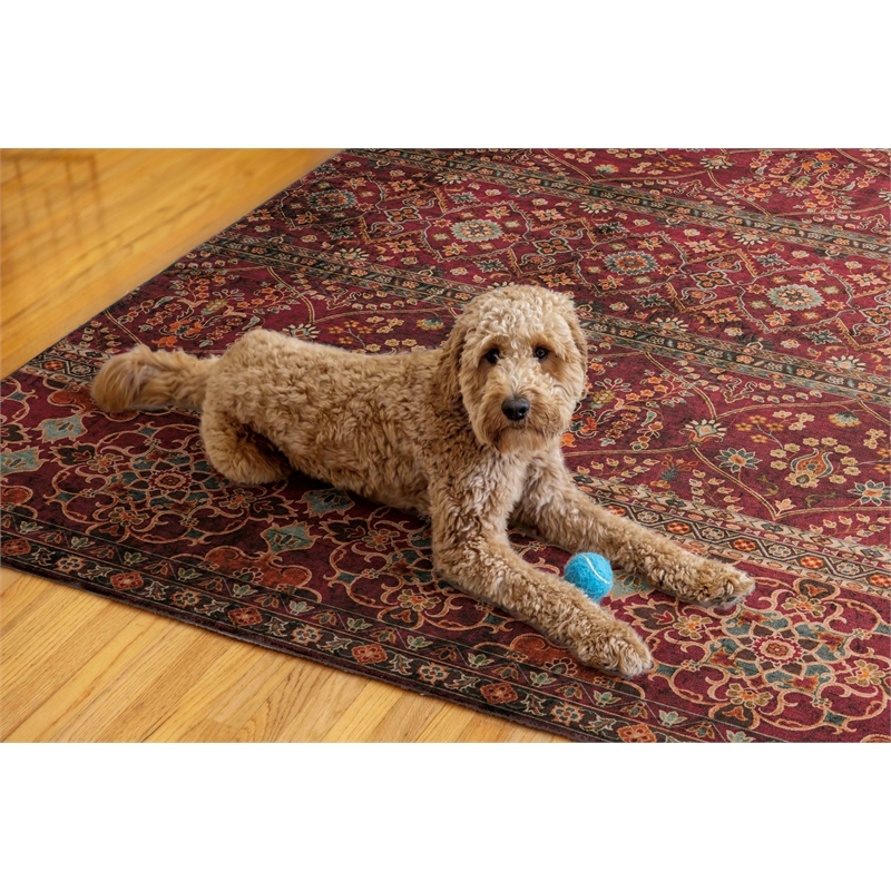 Linon Washable Wesson Polyester 5'x7' Rug in Garnet Red