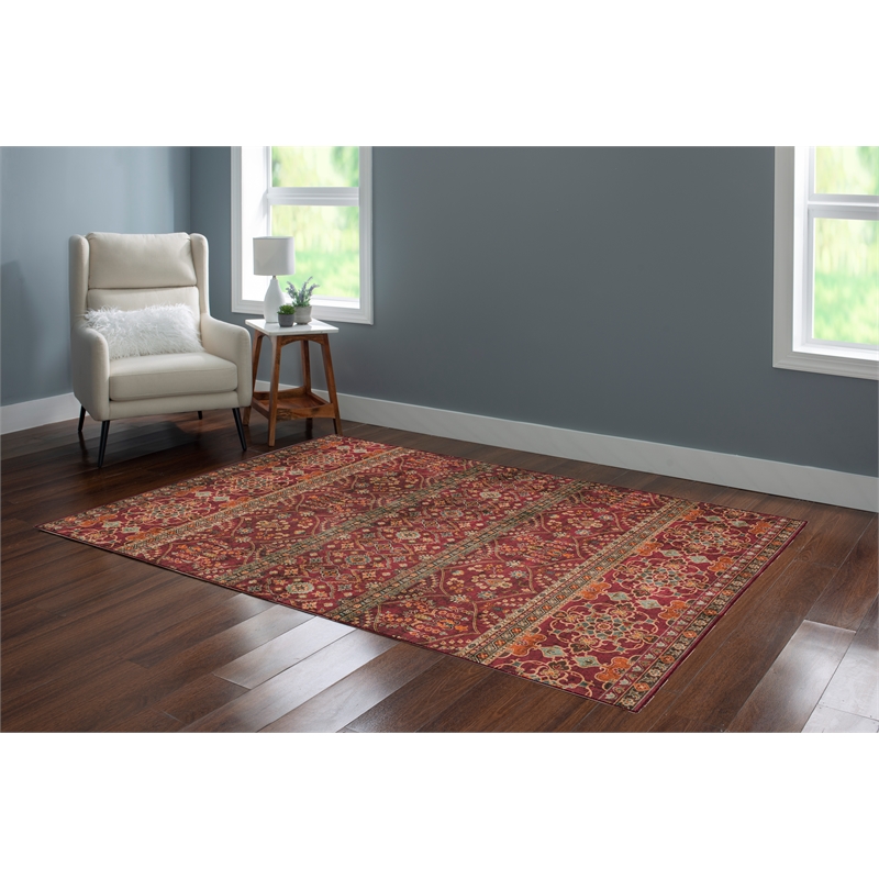 Linon Washable Wesson Polyester 5'x7' Rug in Garnet Red