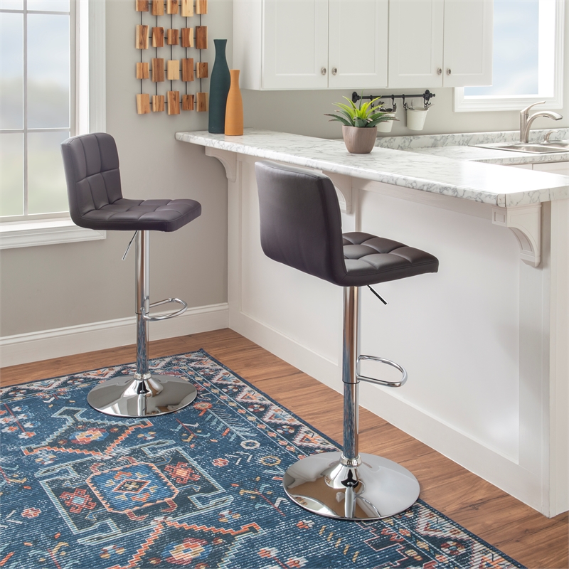 Linon Hanlon Metal Gas Lift Adjustable Barstool in Chocolate Brown Faux Leather